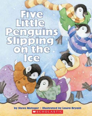 Five little penquins slipping on the ice