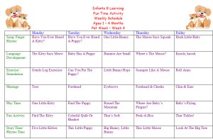 Weekly Calendar For Infant 1 to 4 Months for Peg Week Theme Lesson Plans
